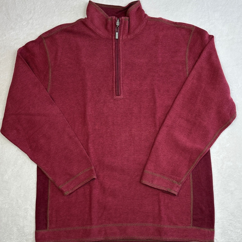 Tommy Bahama Reversible Quarter Zip Sweatshirt Mens XL Burgundy Cotton Tencel